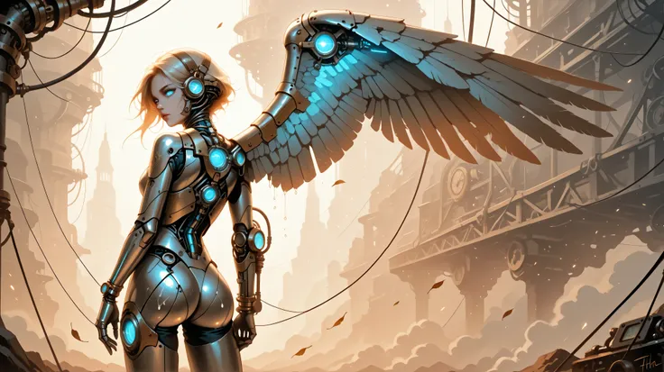 "A lone biomechanical male figure (android) , cyborg ,the entire skin of the body is made of shiny metal ( skin from metal) , on the body there is a tendril pattern , there are slits in the body that follow the muscle pattern of the body, has no hair ( gun...