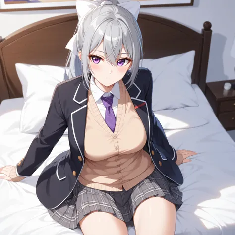 1woman,best quality,ultra-detailed,high resolution,extremely detailed CG,unity 8k wallpaper,score_9, score_8_up, score_7_up, score_6_up, score_5_up, score_4_up, rating_questionable,hk1, purple eyes, grey hair, hair between eyes, long hair, ponytail, bow, w...