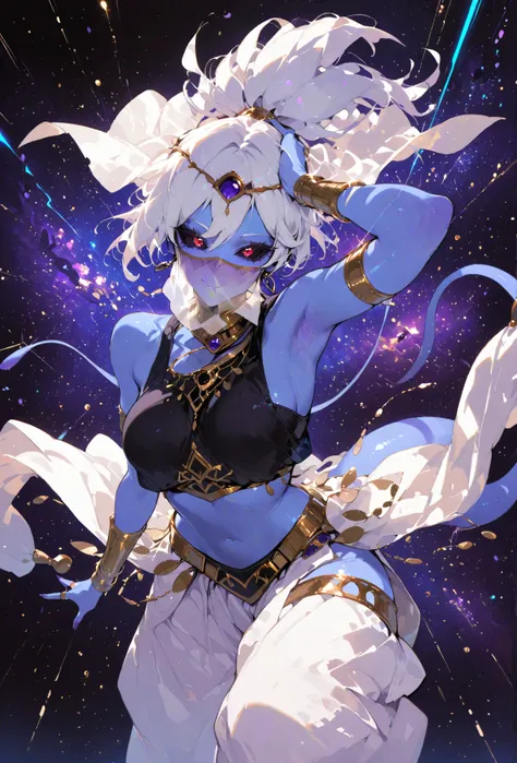 Blue skinned female majin with white hair, beautiful, detailed, blue soft skin, black sclera and purple Iris

masterpiece,best quality,amazing quality, sharp details,  
1girl, blue majin majin with blue soft skin, blue tail, and white hair in a ponytail, l...