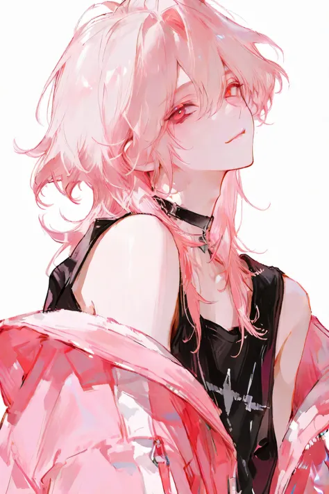 uper detail, masterpiece , best quality , high resolution , 8k , correct ultra high anatomy, 1 boy, solo, light pink hair, long shaggy hair, Pretty amber eyes, cute, white man, bishounen, cute boy, lovely, oversized black and pink jacket, Black sleeveless,...