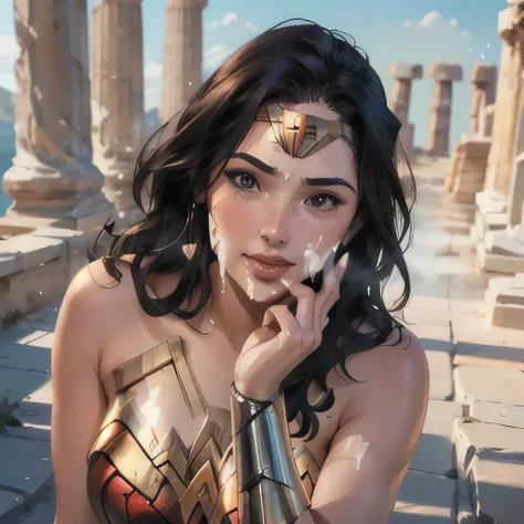(masterpiece:1.3), (8k, realistic, RAW Photo, best quality: 1.4), ((one woman)), ((Gal Gadot, Wonder Woman)), beautiful face above the castle gate, (realistic Face), Beautiful Hairstyle, realistic eyes, beautiful details, (realistic Skin), beautiful skin,...