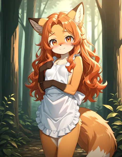eri,, best quality, best resolution, solo, 1 girl, (cute anthropomorphic furry :1.6), (young 18 years old), fox girl, orange hair, long hair, orange eyes, wavy hair,paws, small breasts, orange fur, white apron, nude, forest, romantic light, looking at view...