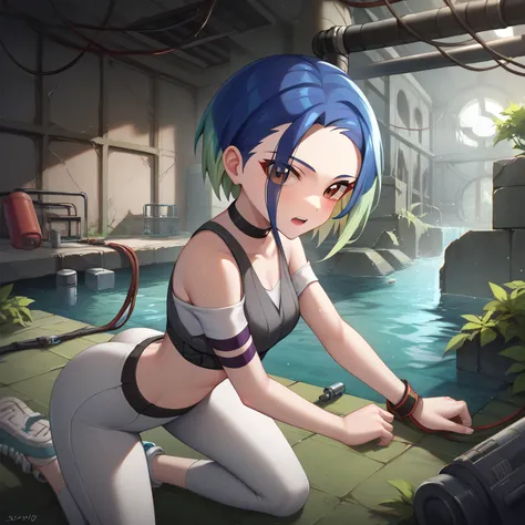 detailed, intricate details, FaceDetail, stunning, masterpiece, score_9, score_8_up, score_7_up, 1girl, ruanyi0826, ruins, water, cable, indoors, underground, drainpipe, unlit, night, night time, perrin, brown eyes, crop top, yoga pants, bare shoulders, mu...