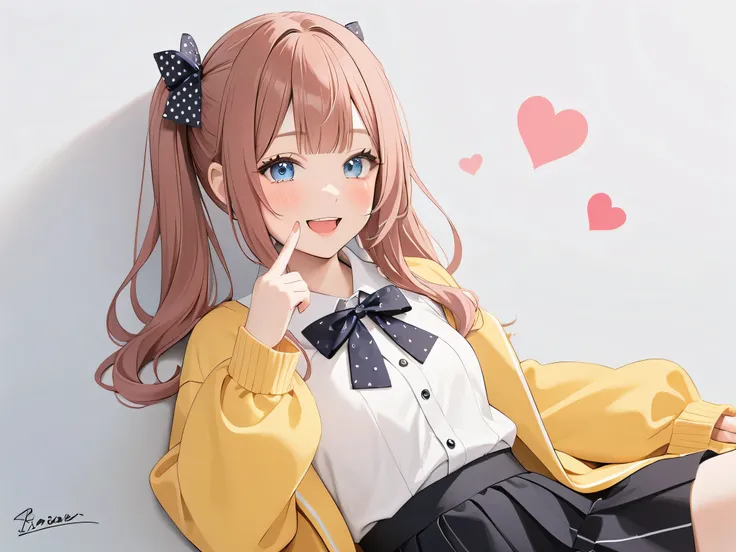 1 girl, \( Red Lilac Hair \), Auggie Potter , virtual YouTuber, straight bangs, signature, Sleeveless, blush, double ponytail day, black skirt, Put Your Fingers On Your Lips, lie, white shirt, Smile, shirt, yellow jacket, Heart, black bow, skirt, long...