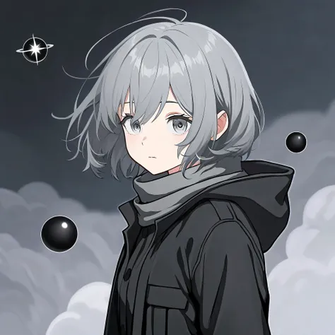 1girl, grey hair, 1 strand of blackish grey hair, in the eye there is a star Isotoxal, blackish grey eyes, short hair, orb clouds vector background, her hair was blown away by the wind, wearing a black winter jacket and wearing a grey scarf
