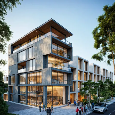 HIGH quality, supper quality, super relistic, 8k, architecture model, exterior, a model building with modern style in the street, pavement, trees, houses, larger glass door and window, glass railing, { daylight|sundet|morning}