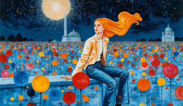 surreal fantasy, acrylic, Linda garota com cabelo longo preso em rabo de cavalo, jeans, t-shirt and a lightjacket, street wear cloths, sentada em um banco em uma praça em roma olhando os pombos comendo milho, palette of color Amaranth Purple, Cadet Blue...