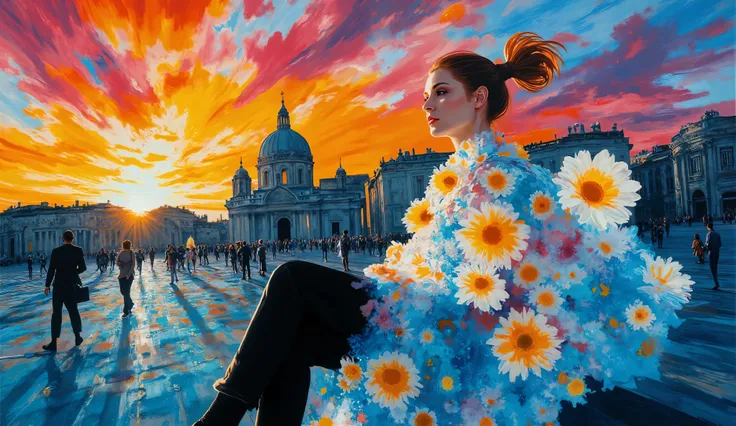 surreal fantasy, acrylic, Linda garota com cabelo ponny tail, casual cloths, sentada em um banco em uma praça em Roma , palette of color Amaranth Purple, Cadet Blue (Crayola), Azureish White, Teal Blue, Morning Blue, sunset, volumetric lights, ethereal...
