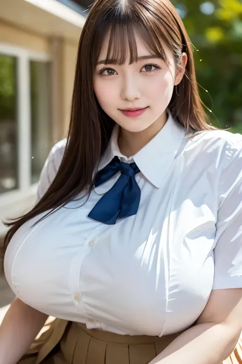 (Best quality,masterpiece,ultra detailed,8K,RAW photo,realistic,high resolution:1.2),(Pretty Japanese girl),(gigantic breasts:1.4),(light brown hair),(school uniform,white collared shirt,pleated skirt:1.4),(voluptuous:1.4),(shoulder length),(smile:1.2)
