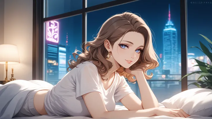 "Cinematic neon purple tones, featuring a beautiful anime-style woman with medium-length white-brown hair, dressed in an elegant and sensual t-shirt. She lies gracefully on her side atop soft bed sheets and fluffy pillows, her calm and dreamy gaze directed...