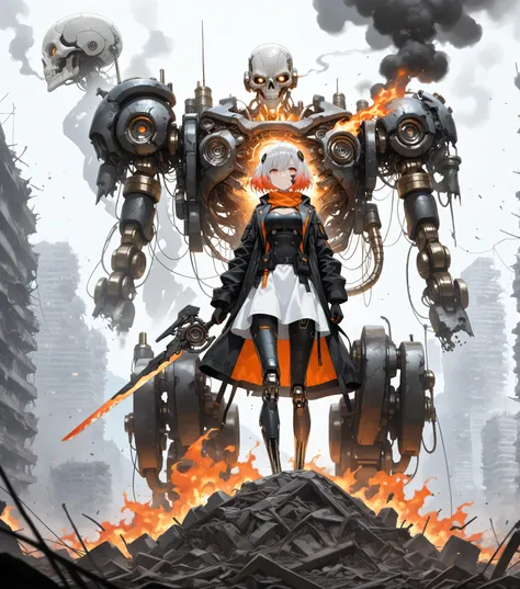 A beautiful girl with short, futuristic, cyborg-like hair, with visible mechanical parts on her face and arms. She stands on a mountain of destroyed robot skulls, firmly holding a futuristic weapon while staring determinedly at the sky. In the background, ...