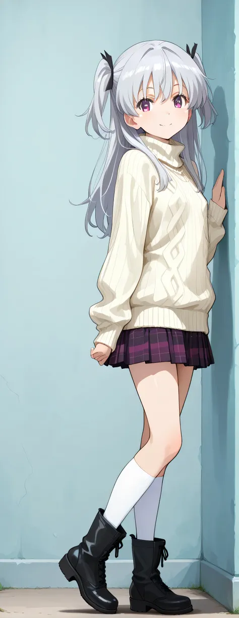 1girl, full body, side view, standing girl leaning her back casually against a wall, natural relaxed pose, one leg slightly bent, arms at sides or one hand touching wall, portrait orientation, vertical layout, anime style, black studio background, soft dir...
