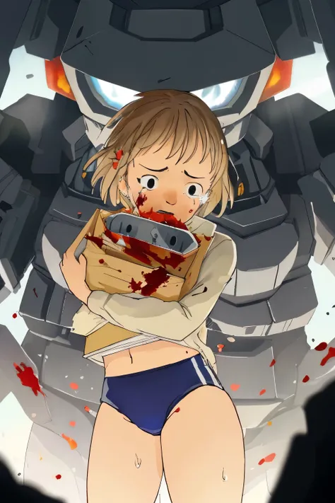 cockpit_explosion, fire, electricity, screaming, explosion, science fiction, wide-eyed, tearing clothes, standing, blood, scared, sweat, crying, mecha, torn clothes, tears, cockpit,1girl、wearing black gymnastics bloomers,high leg,white blouse,cowboy shot,s...
