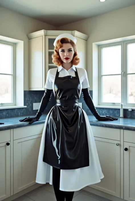 professionally color graded photo. natural light tones.  a very tall, slim French woman. thin waist. Strawberry blonde hair. Hair styled in a formal curly lob with slight peekaboo. Sharply outlined blood red lips. overbite. heavy 1960s style eye makeup. Bl...