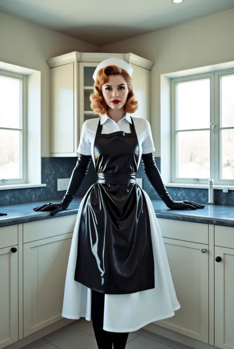 professionally color graded photo. natural light tones.  a very tall, slim French woman. thin waist. Strawberry blonde hair. Hair styled in a formal curly lob with slight peekaboo. Sharply outlined blood red lips. overbite. heavy 1960s style eye makeup. Bl...