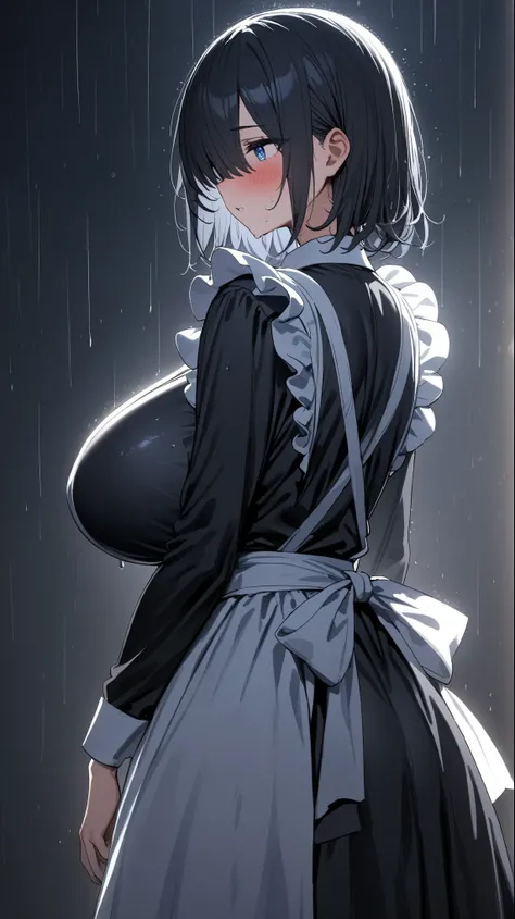 (masterpiece, Highest quality:1.2), 1girl, Black medium hair, (maid dress), growing light, ((blue eyes)), ((big breast)), light particles, long bangs, bangs, high detail, glowing light, bloom, standing, ((hair over eyes)), eyes visible through hair, back l...