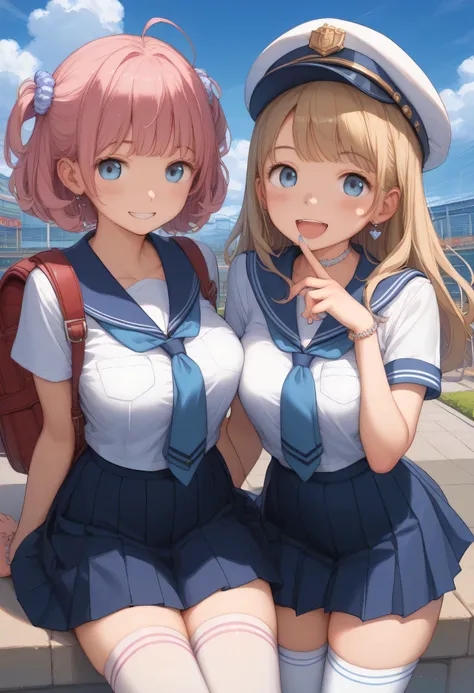 best quality、high resolution、masterpiece、Exquisite Background、Beautiful Girl、Big Breasts、perfect body line、blue sky、Amusement park date、navy blue sailor suit、navy blue pleated skirt、white stockings、Happy Atmosphere、smile、Do cute things、heart symbol、
(Two g...