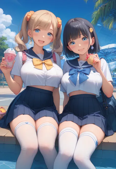 best quality、high resolution、masterpiece、Exquisite Background、Beautiful Girl、Big Breasts、perfect body line、blue sky、Amusement park date、navy blue sailor suit、navy blue pleated skirt、white stockings、Happy Atmosphere、smile、Do cute things、
(Two girls having f...