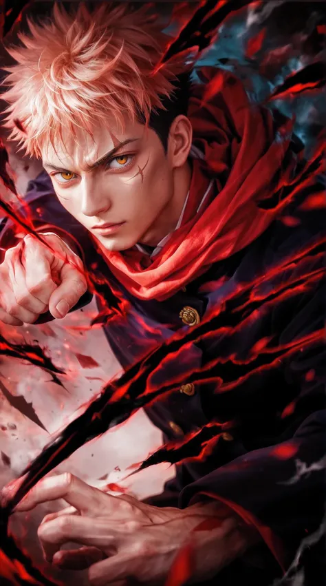 score_9, score_8_up, score_7_up, source_anime, detailed, wallpaper, beautiful details, itadori yuuji, jujutsu kaisen, 1boy, asian, young, male focus, ultra realistic style, cinematic lighting, hyper detailed skin texture, dynamic action pose, intense facia...
