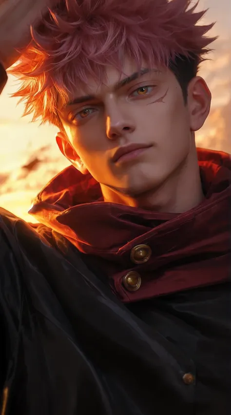 score_9, score_8_up, score_7_up, source_anime, detailed, wallpaper, beautiful details, itadori yuuji, jujutsu kaisen, 1boy, asian, young, male focus, ultra realistic, cinematic lighting, golden hour sunset background, soft sunlight illuminating the face, y...
