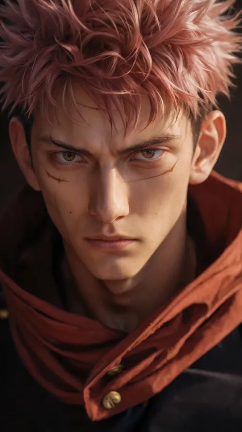 score_9, score_8_up, score_7_up, source_anime, detailed, wallpaper, beautiful details, itadori yuuji, jujutsu kaisen, 1boy, asian, young, male focus, ultra realistic, cinematic lighting, intense expression, sharp eye contact, dramatic close-up angle, young...