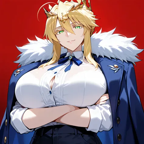 Artoria Pendragon Lancer,    A mature woman, black jeans , white shirt with buttons, dark blue long coat , with a seductive expression on her face . The soft light of the room illuminates her pale skin and green eyes.  Her blond hair cascading over her sho...