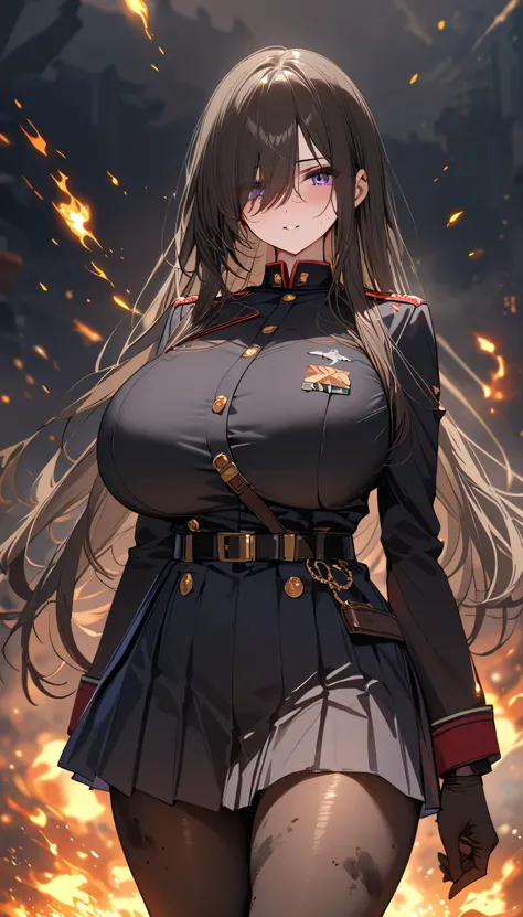 (masterpiece, Highest quality:1.2), (1girl), alone, ((long hair)), (dark brown hair)), (straight hair), ((hair over face)), (hair over one eye), (hair over right eye), (), (purple eyes), detailed eyes, high detail, bloom, ((detailed face)), (beautiful effe...