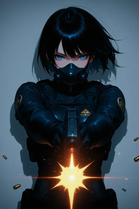 anime style, cinematic angle, short-haired intelligent woman\persuit style\), icy emotionless expression, shooting directly at the viewer with two handguns, muzzle flash and flying bullet shells, strong rim lighting, dramatic shadow contrast, cool color to...