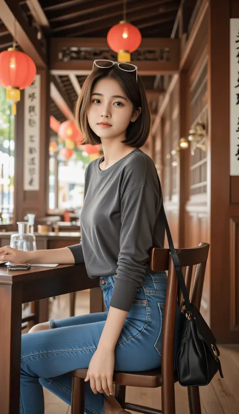 A realistic 18-year-old girl with short hair, wearing a long sleeve t-shirt and blue jeans, sitting on a wooden chair facing the viewer, shown from the waist up (half body). She has sunglasses resting on her head. One hand is gently touching a black handba...