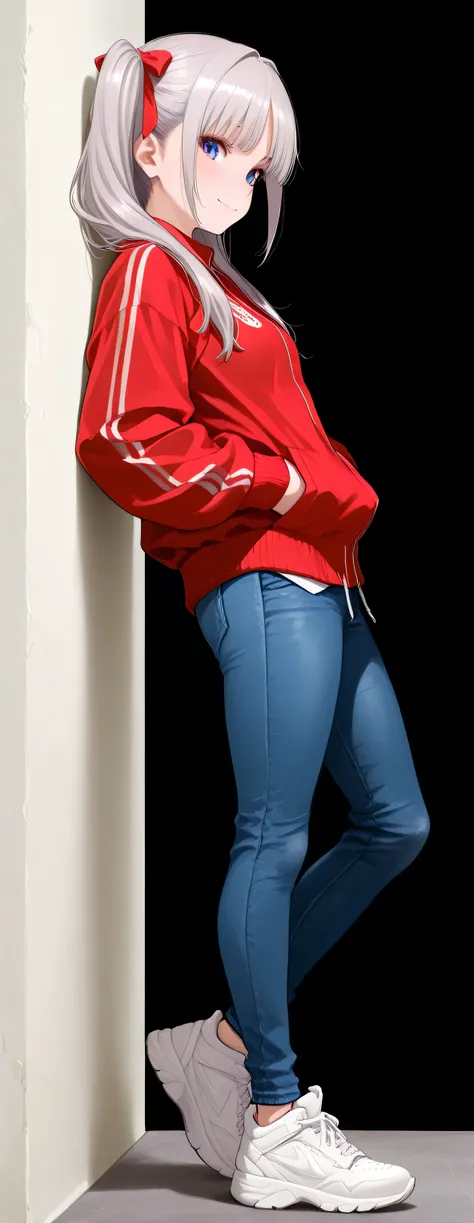 1 girl, full body, looking at viewer, (side view:1.5), (from side:1.5), (standing girl leaning her back casually against a wall:1.5), natural relaxed pose, one leg slightly bent, petite body, slender figure, small breasts, small frame, innocent smile, brig...