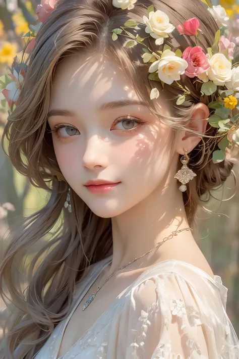 (Oil painting of a woman who looks like a flower goddess), rough touch, impressive portrait, (calm, gentle, bright, girlish smile), (almost straight medium-long silver-gray blonde hair), (close-up), glossy lips, (simple, urban shirt in spring colors), (sma...