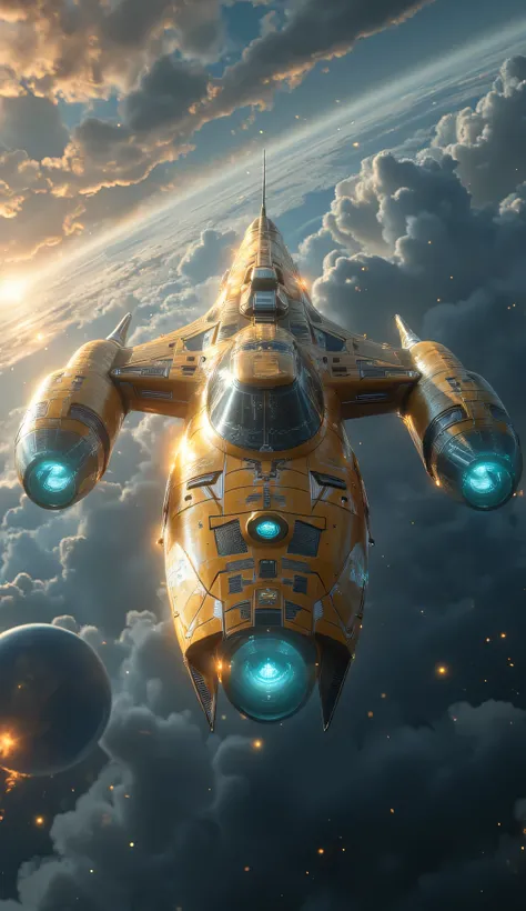 A futuristic spacecraft navigating through the vast and turbulent expanse of space, heading into unknown territories.
((Golden spaceship and blue and Pale space)), The ship features a sleek, aerodynamic design with a metallic surface that shows signs of we...