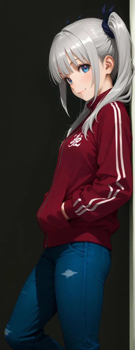 1 girl,looking at viewer, (side view:1.5), (from side:1.5), (standing girl leaning her back casually against a wall:1.5), natural relaxed pose, one leg slightly bent, petite body, slender figure, small breasts, small frame, innocent smile, bright blue eyes...