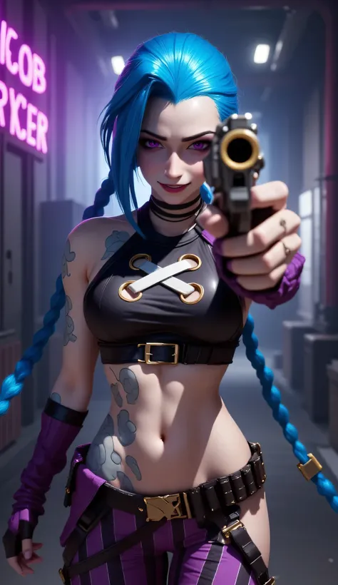 Create a hyper-realistic, anatomically correct image of Jinx from League of Legends, based on her original design. She has a fit, gym-toned body with well-defined muscles, perfect hands, and a playful, chaotic expression. Jinx is aiming her iconic pistol d...