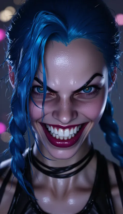 Create a hyper-realistic, anatomically correct portrait of Jinx from League of Legends, based on her original design. Focus only on her face. She is smiling with a wide, wild, and slightly unhinged grin—full of chaotic energy—yet her features remain stunni...