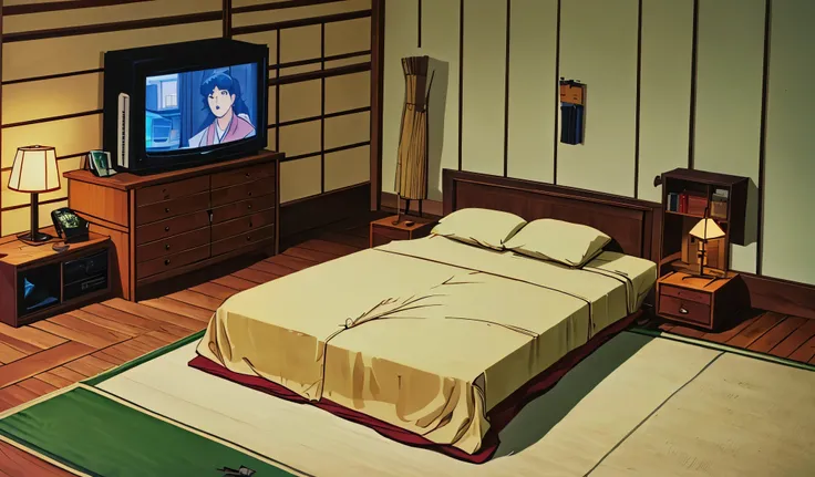 Drawn in 80’s anime art style.
Retro anime. Vintage Anime. Classical Anime.
Japanese Bed Room
1. Layout & Atmosphere
• Size: Modest and boxy, around 6–8 tatami mats in size (roughly 10–13 square meters).
• Structure: Wooden walls or wallpapered surfa...