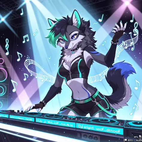 Stylish wolf character, dj, with musical notes flying, with purple and green particles with blue tones, en una calle