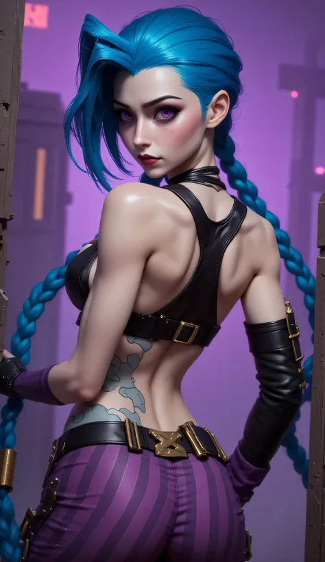 Create a hyper-realistic, anatomically correct portrait of Jinx from League of Legends, based on her original design. The image is taken from behind her, showing her muscular back, toned arms, and athletic figure. Her head is turned toward the camera, with...
