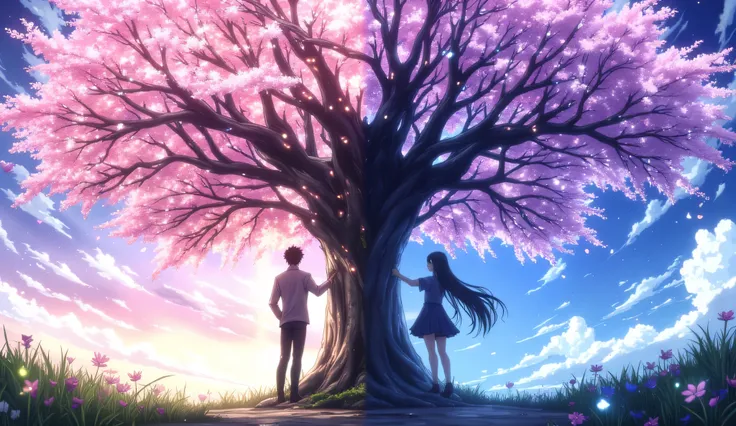 A large, beautiful cherry blossom tree stands at the center of the scene, its branches spreading wide. On either side of the tree stands a Japanese high school student—one boy and one girl—each gently placing one hand on the trunk. The composition is sligh...