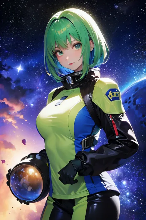 spaceship, Captain Future, comet, Extremely detailed and beautiful design, illustrations, masterpiece,best quality, high resolution, 8k, sf, SPACE FANTASY, Extremely beautiful、Skillfully designed , Very Fine and Beautiful Colors , anime girl with short g...