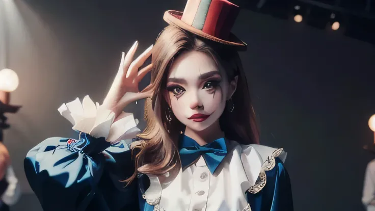 a marionette, hyper-realistic, intricate facial features, lifelike posture, expression of wonder, wooden body, jointed limbs, strings controlling movement, detailed clothing, ornate design, dimly lit stage, theatrical curtains, dramatic shadows, moody ligh...