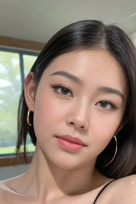 room(Best Quality,8K,Raw photo,ultra-Realistic, ultra-High resolution:1.2),(erotic curvy thai wife), (natural makeup look),(green eyes),oily skin,look horny,,(emphasize cute face),((embarrassed erotically)),(((be shy erotically))),upper body, face close-up...