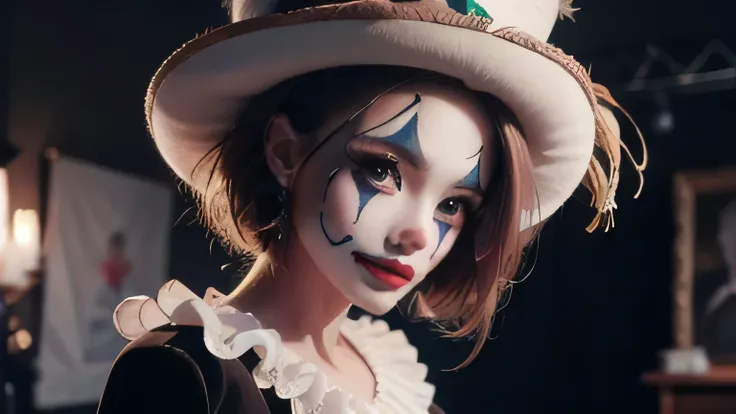 a marionette, hyper-realistic, intricate facial features, lifelike posture, expression of wonder, wooden body, jointed limbs, strings controlling movement, detailed clothing, ornate design, dimly lit stage, theatrical curtains, dramatic shadows, moody ligh...