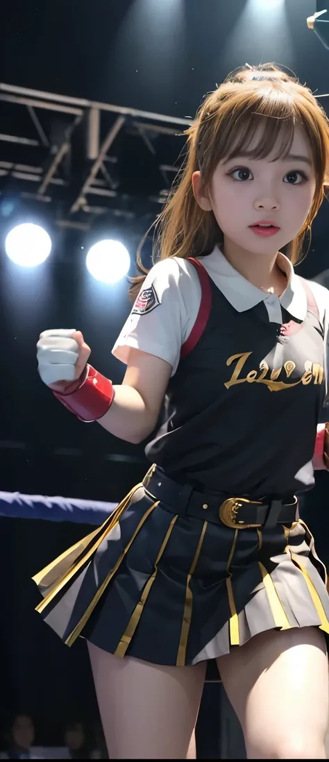 PURE FIGHTING IDOL GIRL、A pure girl's face、 hypo、、 Gold Pleated Mini Skirt、、fighter belt、The glowing fist of thunder、
