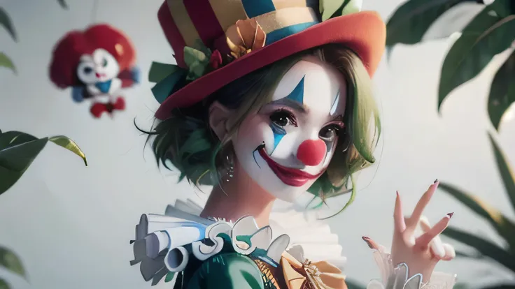 masterpiece, best quality, ultra detail, perfect anatomy,1gail , (((cute clown ))), fantasy, Heart paint on face, cute clown , 50 years old, solo, full body, super detailed skin, their bodies are slender and curved, and their skin is soft and almost transp...