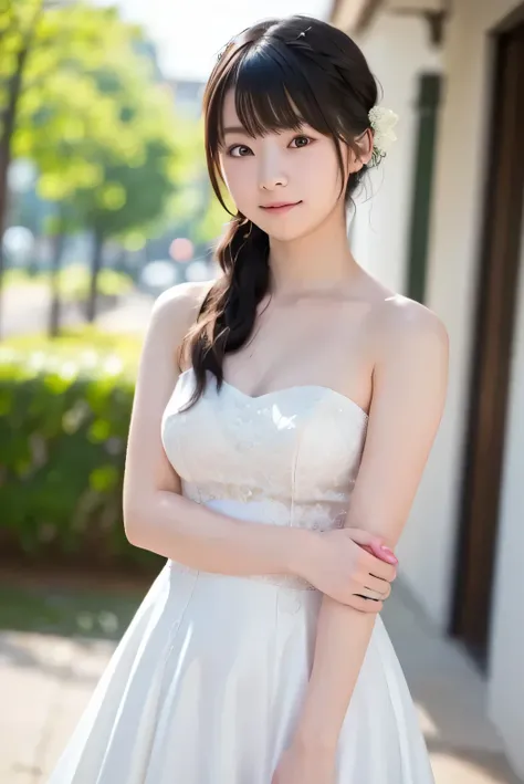 1 woman、Around 23 years old、long black hair、has hair wrapped、ウエディングドレスを着ている、 beauty、slightly slack、I'm wearing a wedding dress with a dress up to my neck