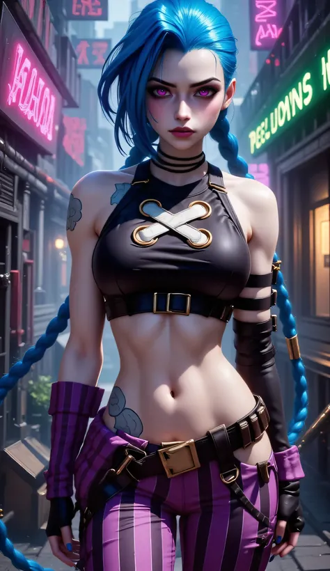 Create a hyper-realistic, anatomically correct image of Jinx from League of Legends, based on her original design. She has a fit, athletic body with defined gym-toned muscles, perfect hands, and a confident, chaotic expression. Her iconic long blue pigtail...