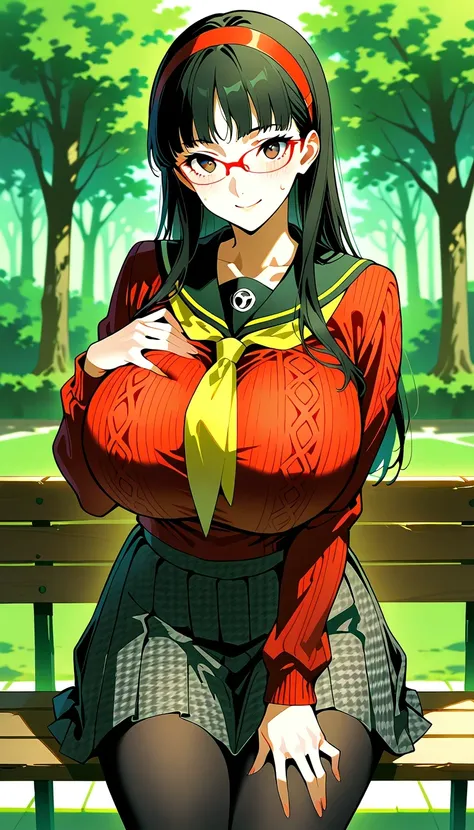 score_9, score_8_up, source_anime 1 girl, solo, cute face, p4yukiko, amagi yukiko, long hair, black hair, bangs, hairband, glasses, red-framed eyewear p4yukiko-winuni, yasogami school uniform, school uniform, sweater, red sweater, skirt, pleated skirt, hou...