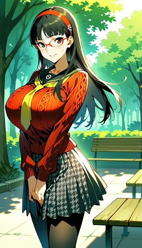 score_9, score_8_up, source_anime 1 girl, solo, cute face, p4yukiko, amagi yukiko, long hair, black hair, bangs, hairband, glasses, red-framed eyewear p4yukiko-winuni, yasogami school uniform, school uniform, sweater, red sweater, skirt, pleated skirt, hou...