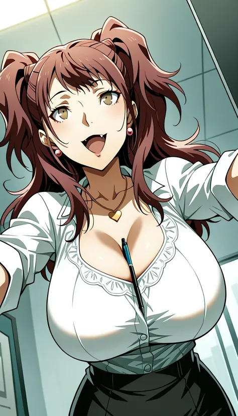 (masterwork, masterpiece, best quality, hyper-detailed),
1 girl, solo, 
p4rise, kujikawa rise, twintails, long hair, brown hair, earrings
p4rise-sumcas, heart necklace, 
,open mouth,fang,1girl, solo, slight smile, office lady, office room, indoors, profess...